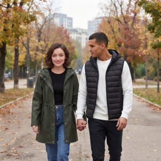 uomo e donna che passeggiano in un parco in autunno con giacche di mezza stagioni pittarosso