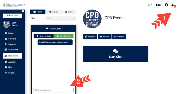 Screen shot showing Pheedloop Chat function with: Arrow 1 in top right at bell icon and Arrow 2 at bottom right showing the pop-up chat window that will appear once the bell icon is clicked.