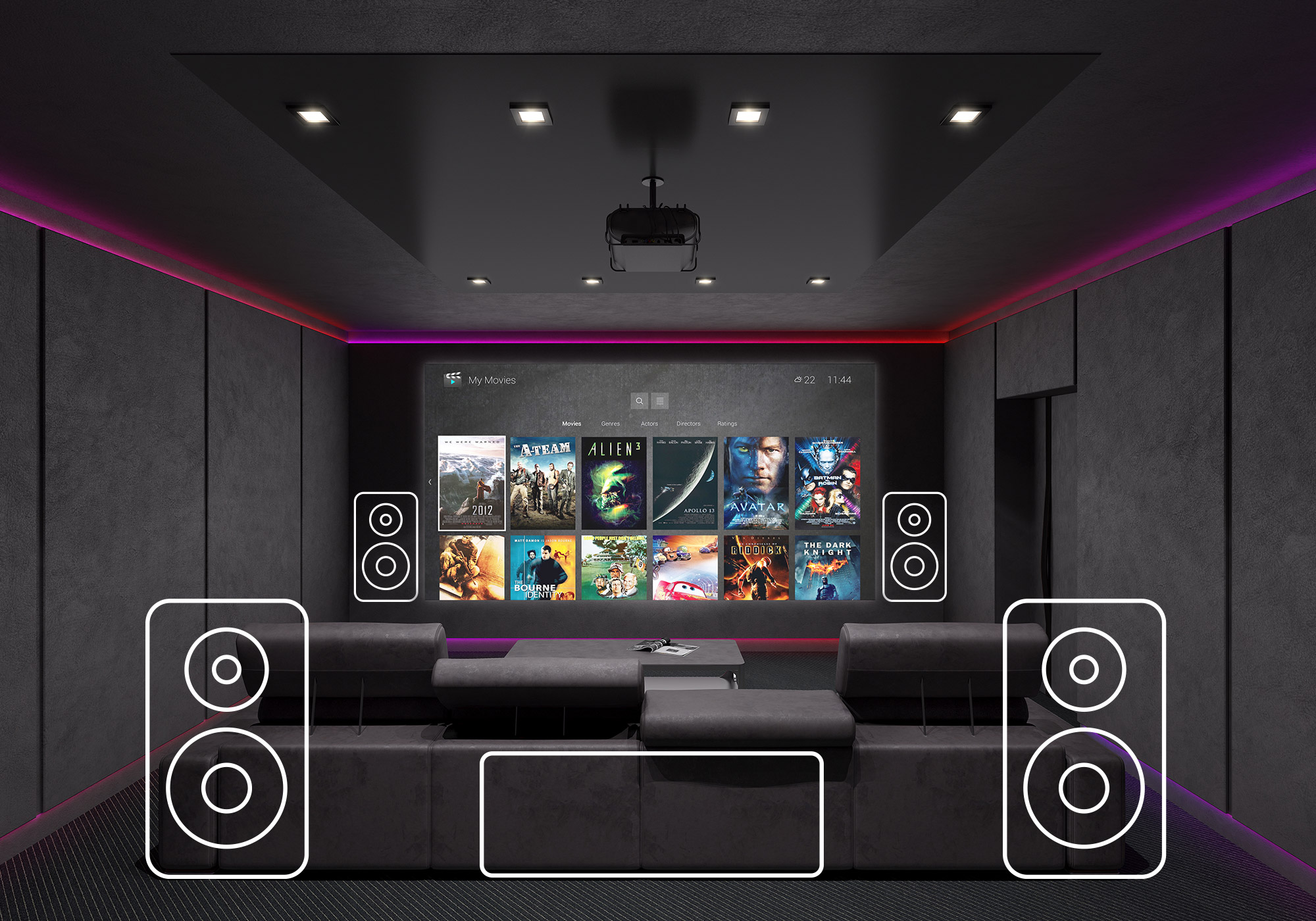 Home theater room with four speakers surrounding