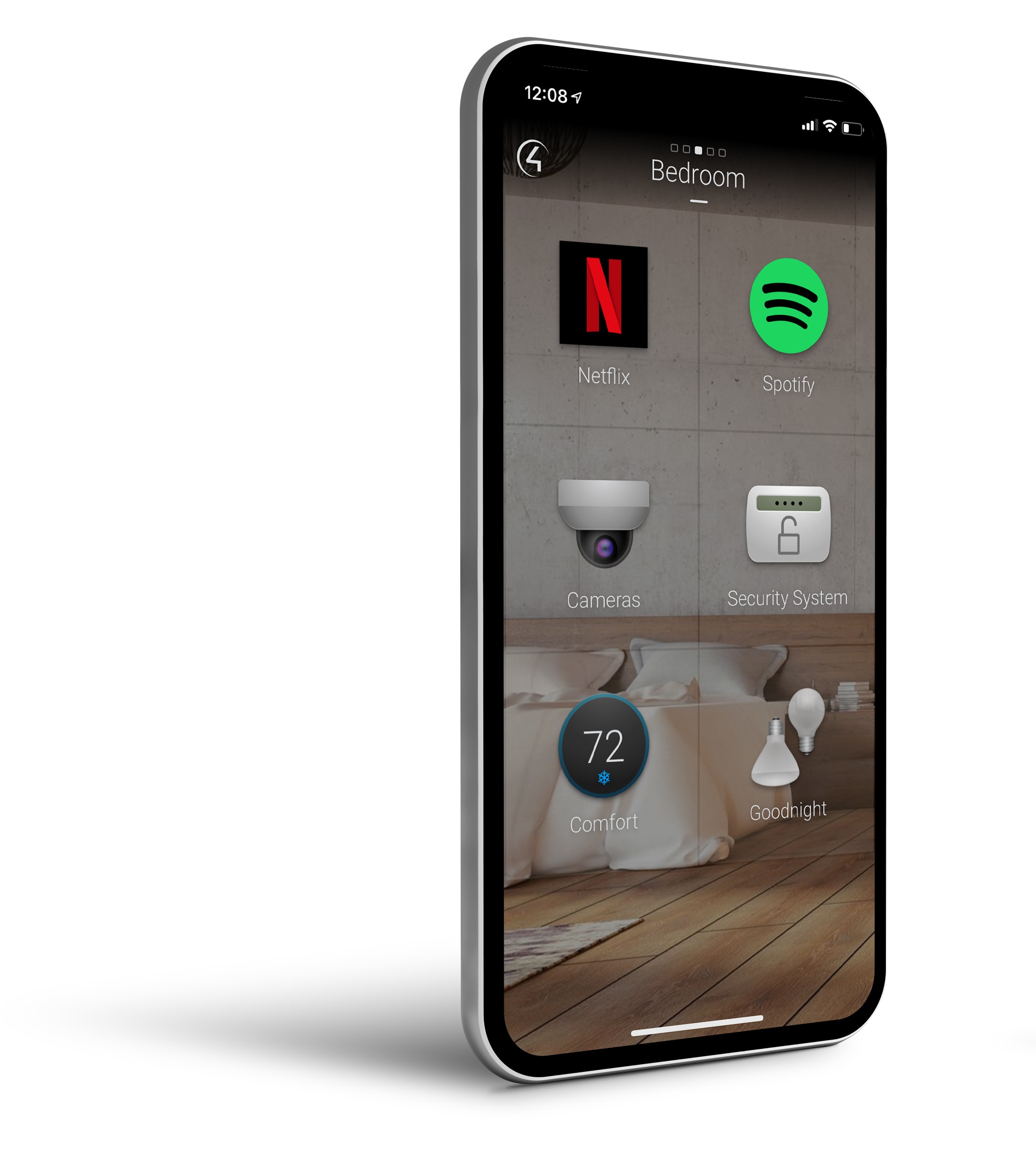 Large close up image of cell phone with button controls for Netflix Spoitfy Cameras Security system and room temperature