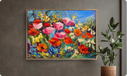 Floral painting hanging on a wall
