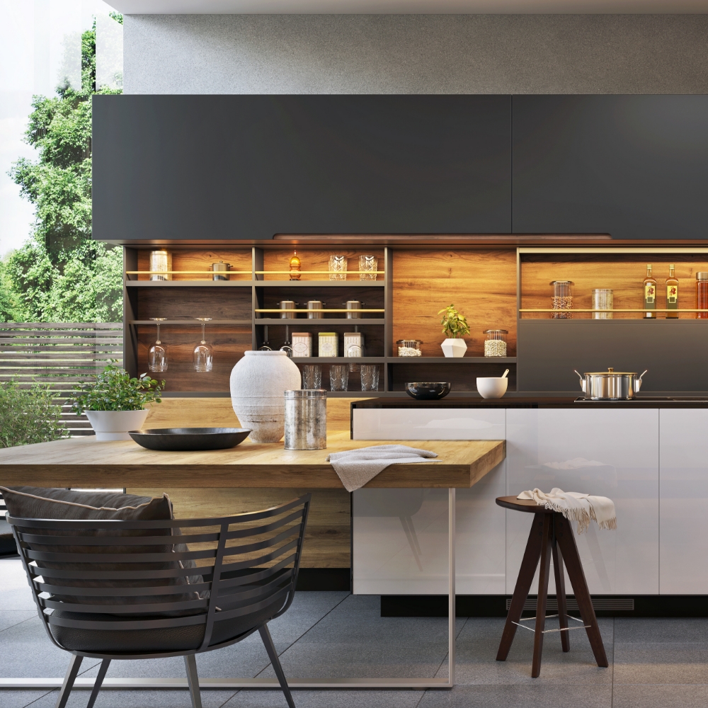 Inside of home kitchen with modern cabinets and table setting