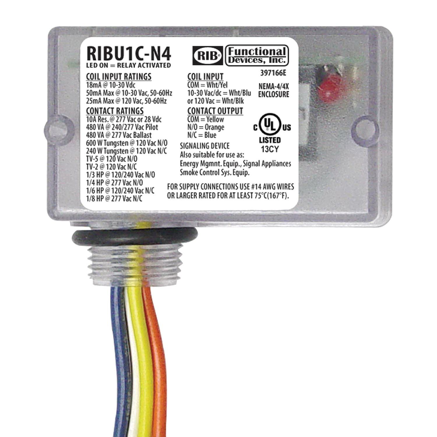 4 15A 10-30VAC//DC//120VAC 2 SPDT RIB Track Mount Relay RIBMU2C