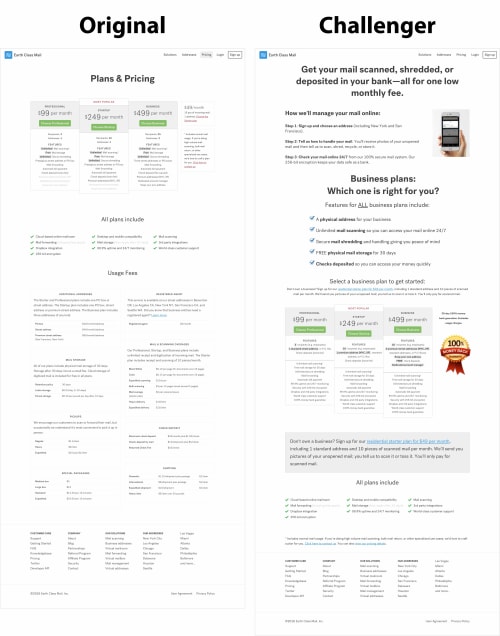 Pricing page - original v challenger