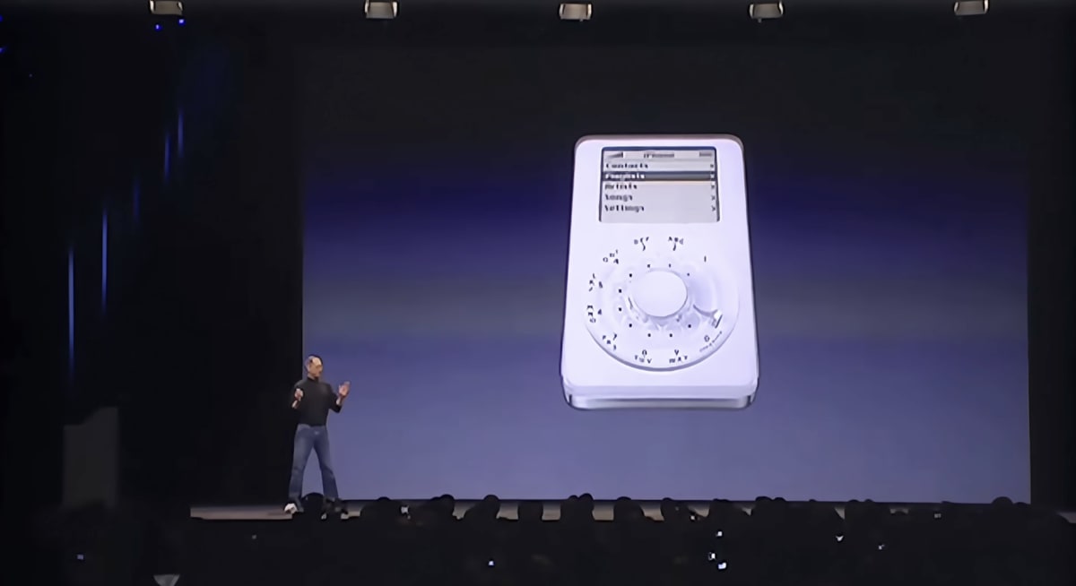 Mock-up of a joke iPhone shown at the 2007 Macworld keynote — an iPod with a rotary phone dial in place of the click wheel.