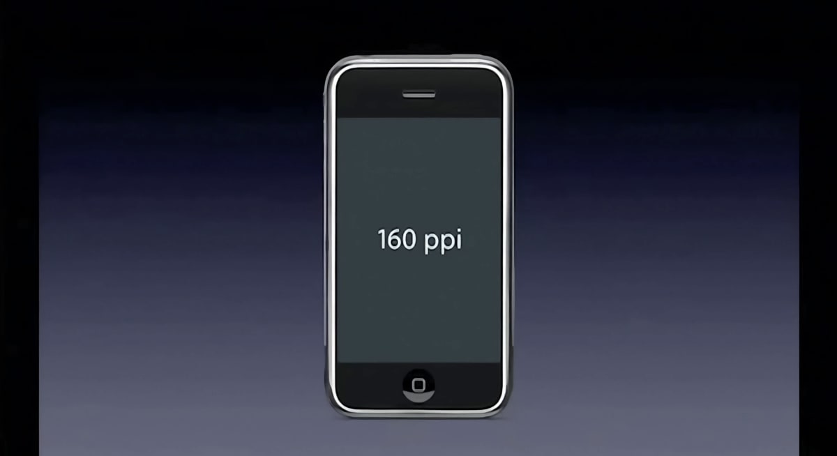 Slide of the original iPhone with ’160 ppi’ displayed on its screen.