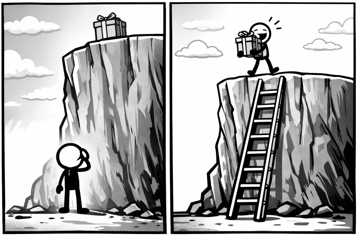 Two images side by side, one showing a parcel on top of a mountain and the other with a ladder to get to it.
