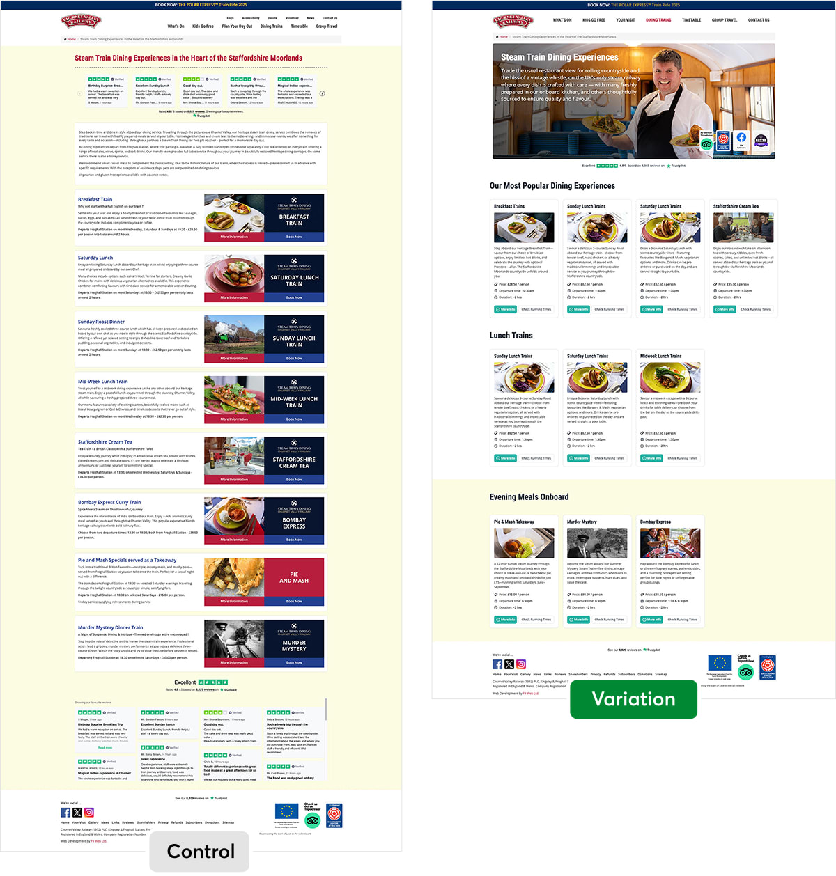 The original dining listing page, presenting eight near-identical dining experiences stacked vertically down the page.