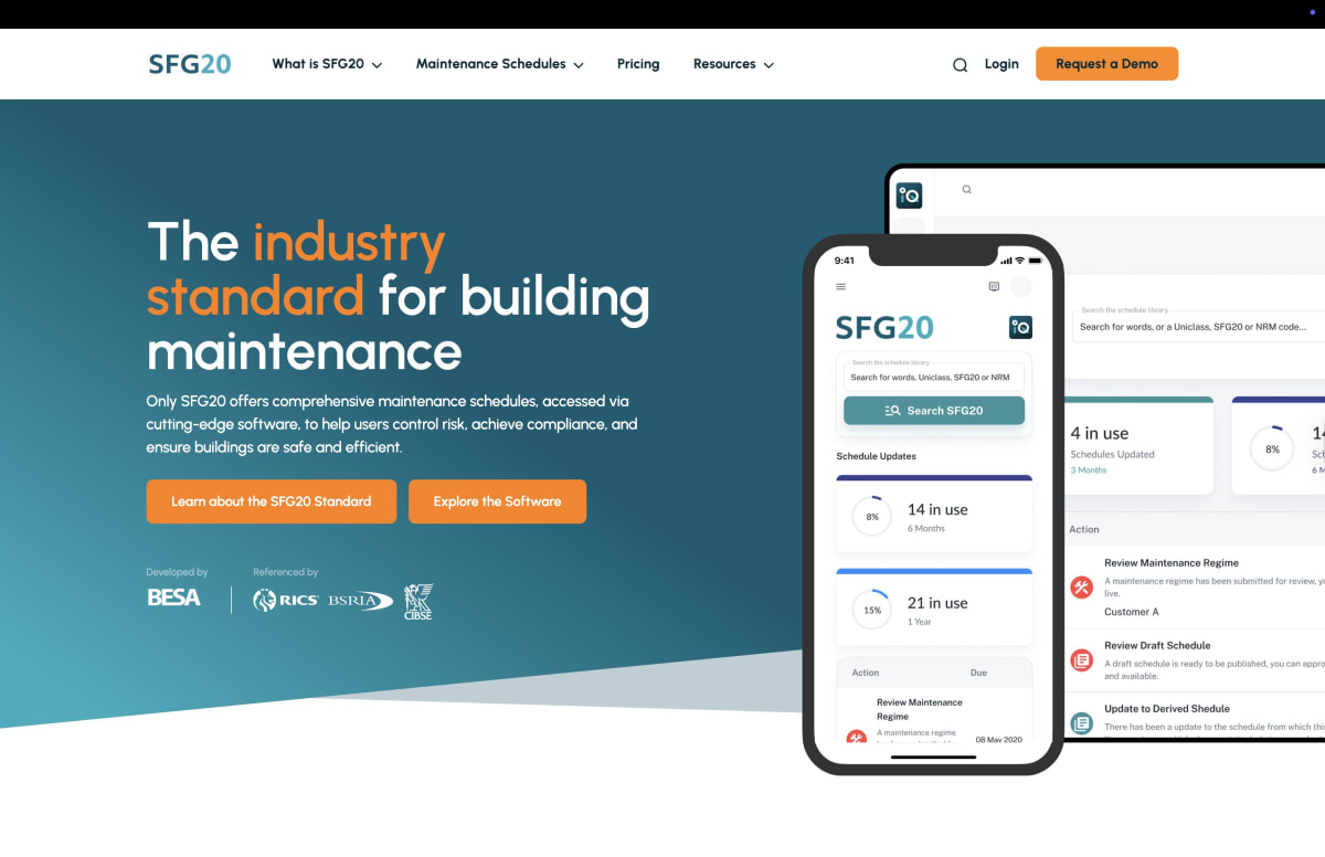 A full-page view of the SFG20 homepage featuring the headline ‘The industry standard for building maintenance’ with orange call-to-action buttons, a mobile app mockup, and a white expanded dropdown menu under ‘What is SFG20’ displaying multiple columns of navigation links.