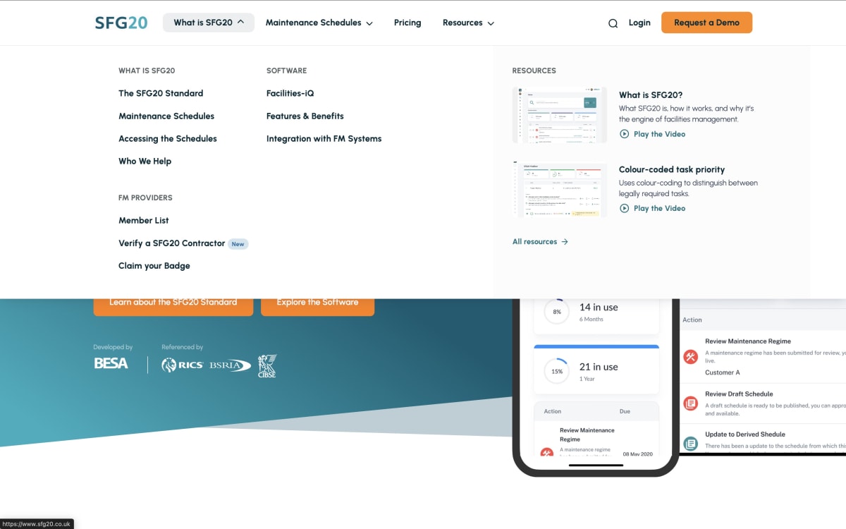 A similar SFG20 homepage view showing the ‘What is SFG20’ dropdown menu expanded over a teal background. The menu lists sections for ‘What is SFG20,’ ‘Software,’ and ‘FM Providers,’ with accompanying resource links and video thumbnails.