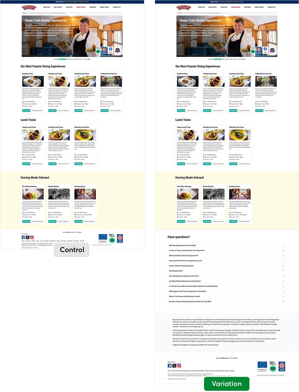 The dining listing page with the new Have questions? FAQ block added at the foot of the page.