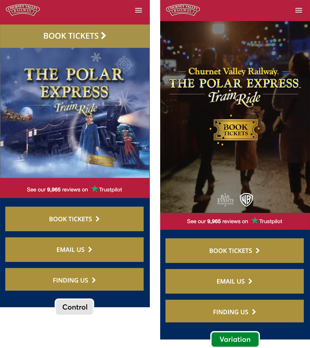 The redesigned mobile Polar Express page, with a video hero of a family walking towards the train at night and a gold Book Tickets button overlaid.