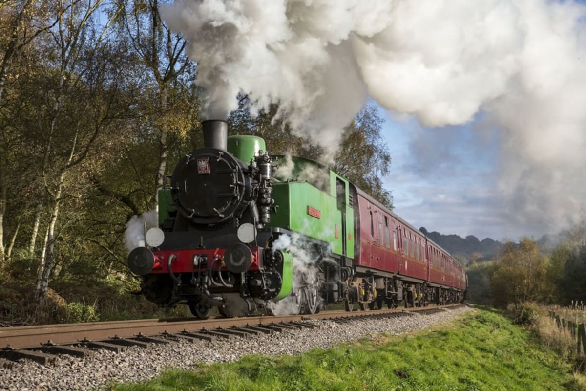 A green tank engine pulling maroon carriages under a plume of white steam through autumn woodland on the Churnet Valley Railway.