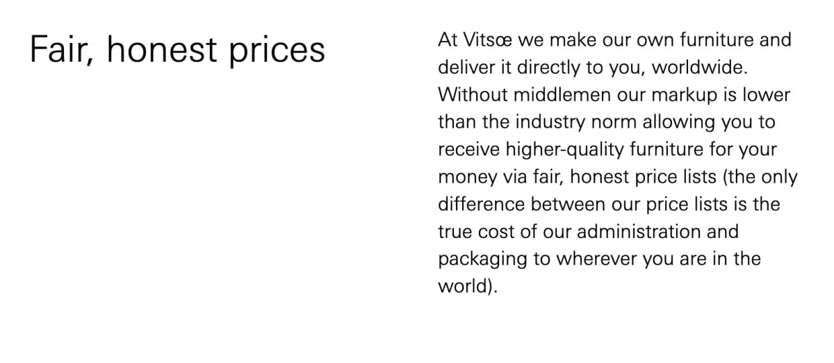A close up of the Fair, honest prices excerpt from Vitsœ&rsquo;s Honest pricing page