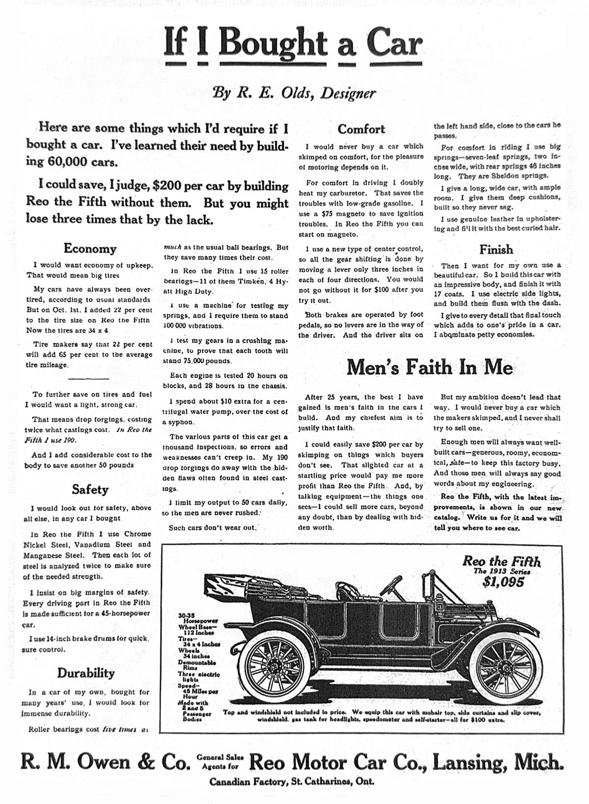 Full page print advertisement for the Reo the Fifth car, headlined ’If I Bought a Car’ and bylined ’By R.E. Olds, Designer’, published in 1913.