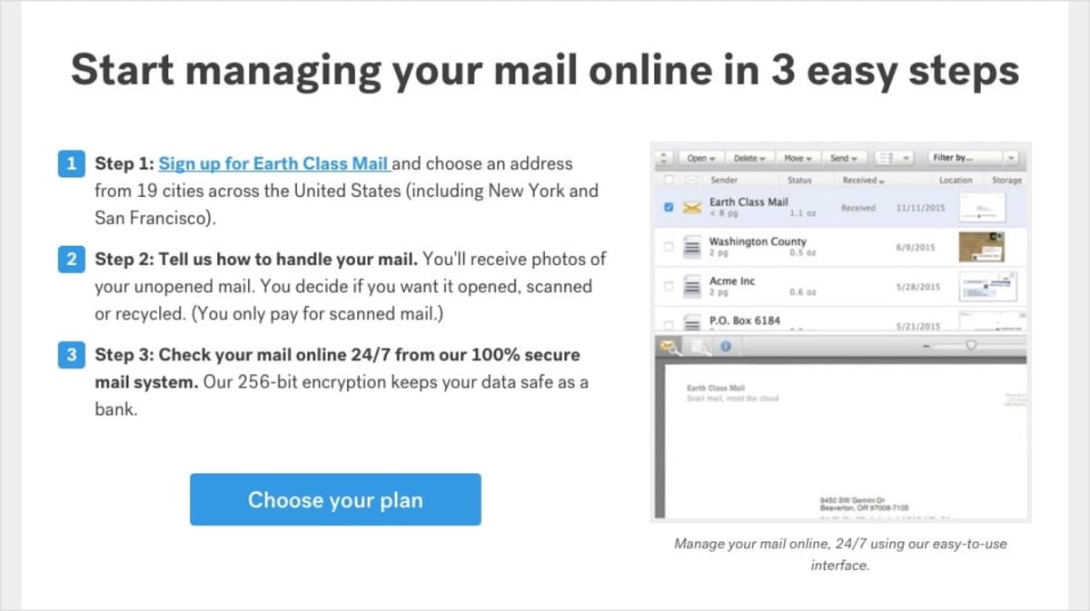 Screenshot of Earth Class Mail: Three step sign-up process