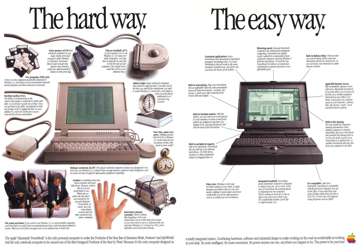Two-page spread from Apple&rsquo;s 1992 PowerBook print ad showing &lsquo;The hard way&rsquo;—a cluttered beige PC laptop surrounded by expensive accessories—alongside &lsquo;The easy way&rsquo;—a single clean PowerBook with everything built in.