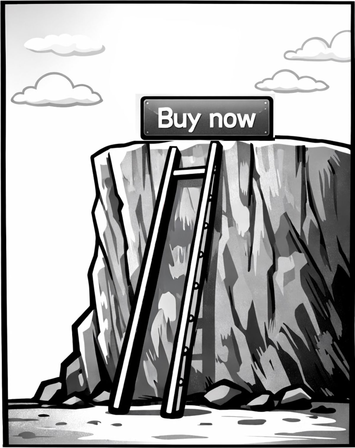 Buy now on top of a mountain with a ladder leaning against it but several of the steps are removed so it’s hard to climb.