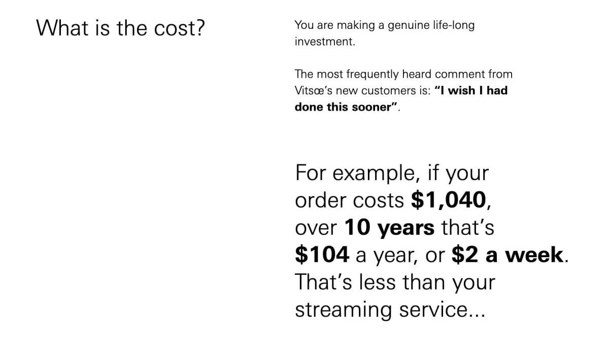 Close up of the What is the cost? section on Vitsœ&rsquo;s 606 Universal Shelving System page