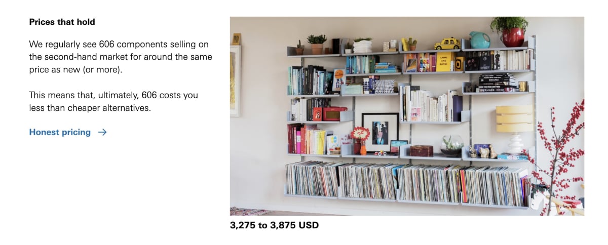A close up of the Prices that hold section on Vitsœ&rsquo;s 606 Universal Shelving System page