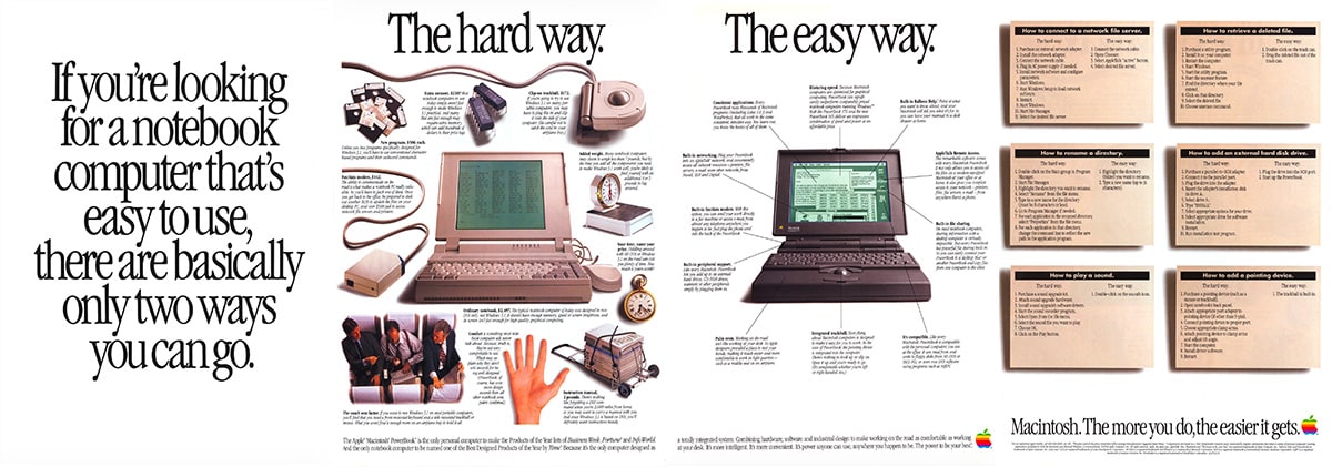 All four pages of Apple’s 1992 PowerBook print ad displayed together as a tableau: the opening headline, ‘The hard way’ cluttered PC page, ‘The easy way’ clean PowerBook page, and the side-by-side comparison tables.