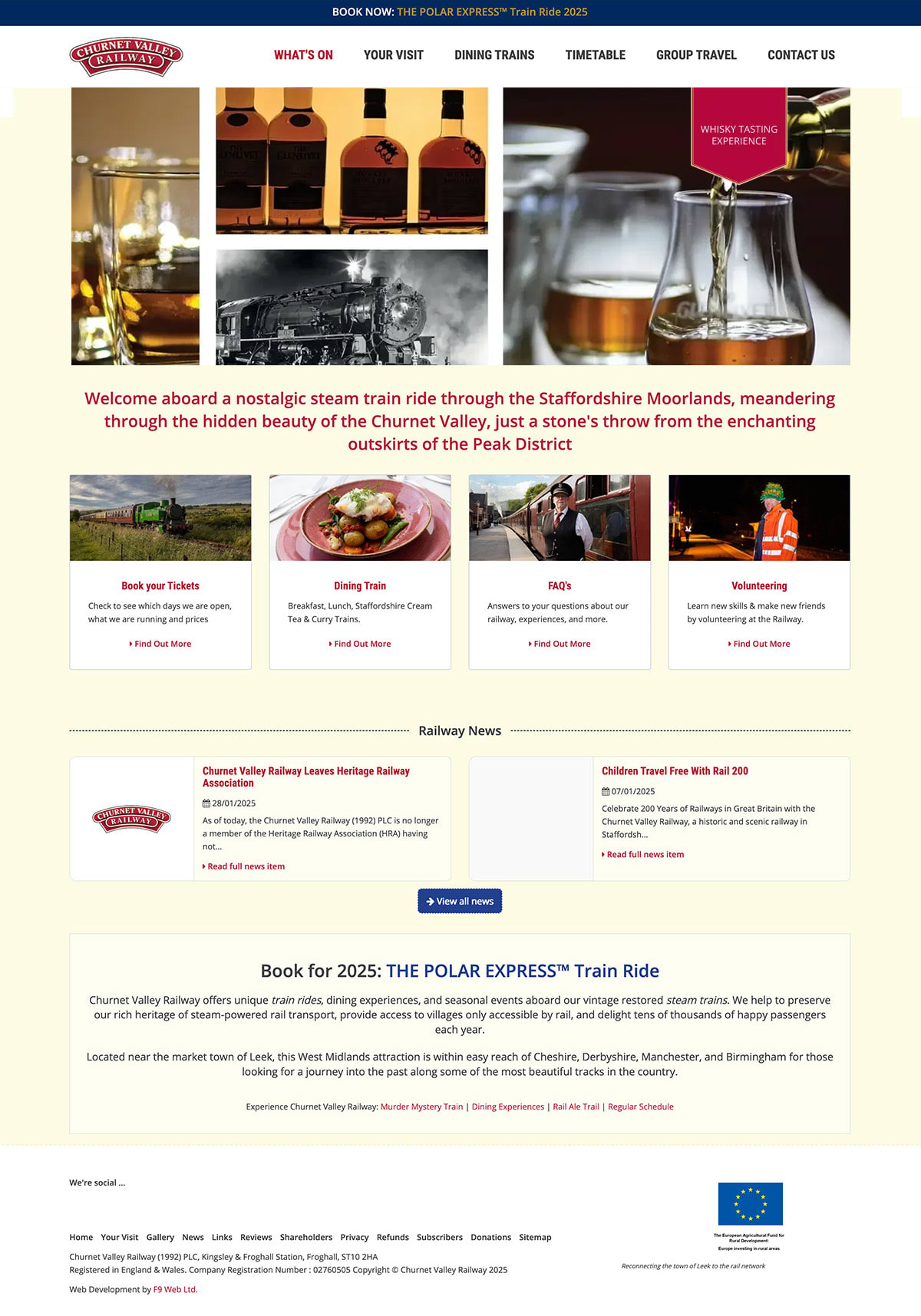 The original Churnet Valley Railway homepage, led by a Whisky Tasting Experience banner above four small link panels and a railway news section.