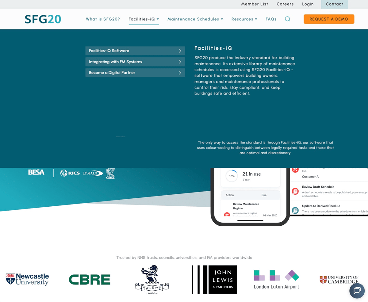A detailed SFG20 subpage view showing the ‘Facilities-iQ’ dropdown menu expanded over a teal background, presenting options like ‘Facilities-iQ Software’ and ‘Integrating with FM Systems,’ along with descriptive text and partner logos at the bottom.