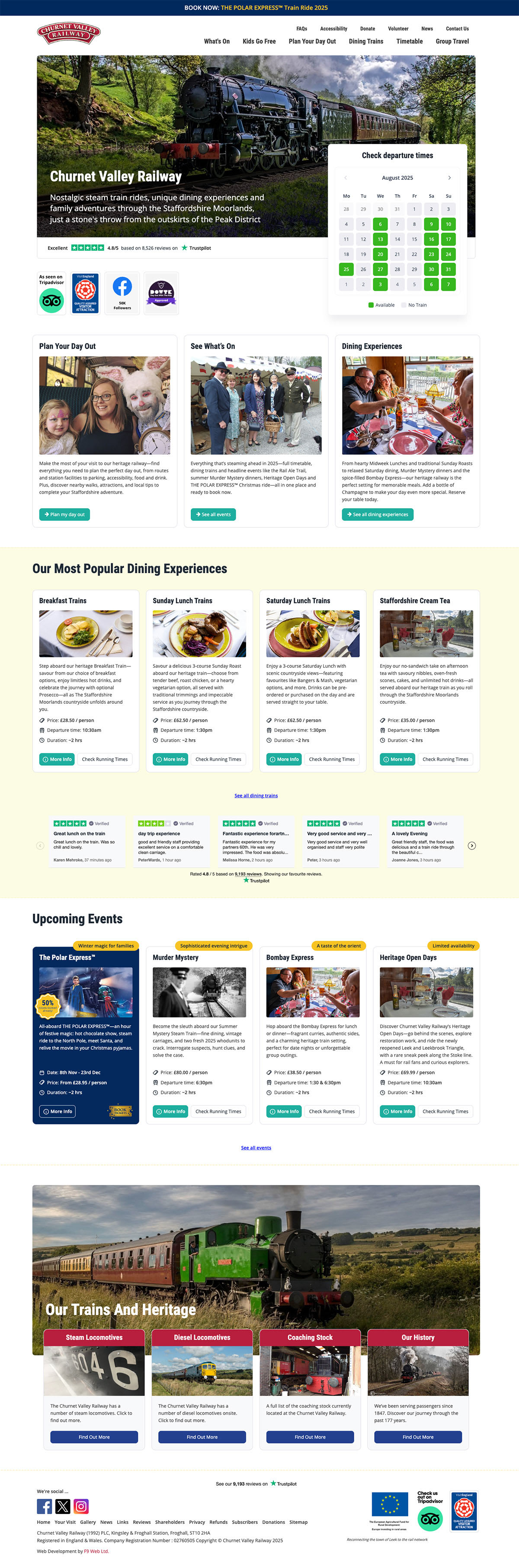 The redesigned Churnet Valley Railway homepage, with a steam train hero, a live departure calendar, Trustpilot rating and sections for dining experiences and upcoming events.