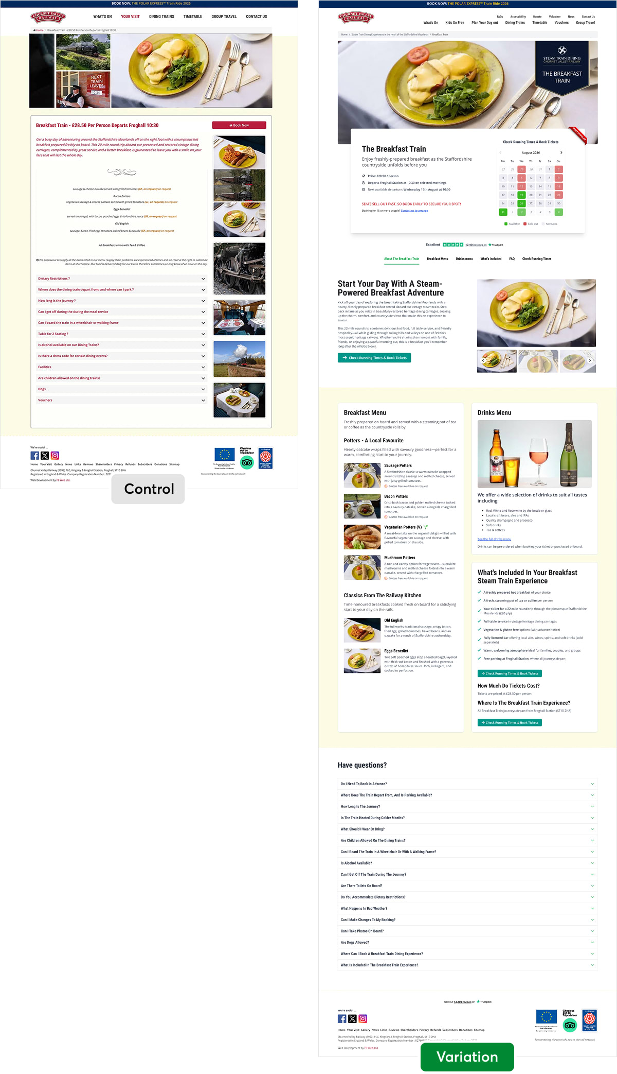 Side-by-side control and variation screenshots of the Churnet Valley Railway Breakfast Train page, showing the narrow, text-heavy original beside a full-width redesign with a hero image, inline booking calendar, Trustpilot rating, and structured menu sections.
