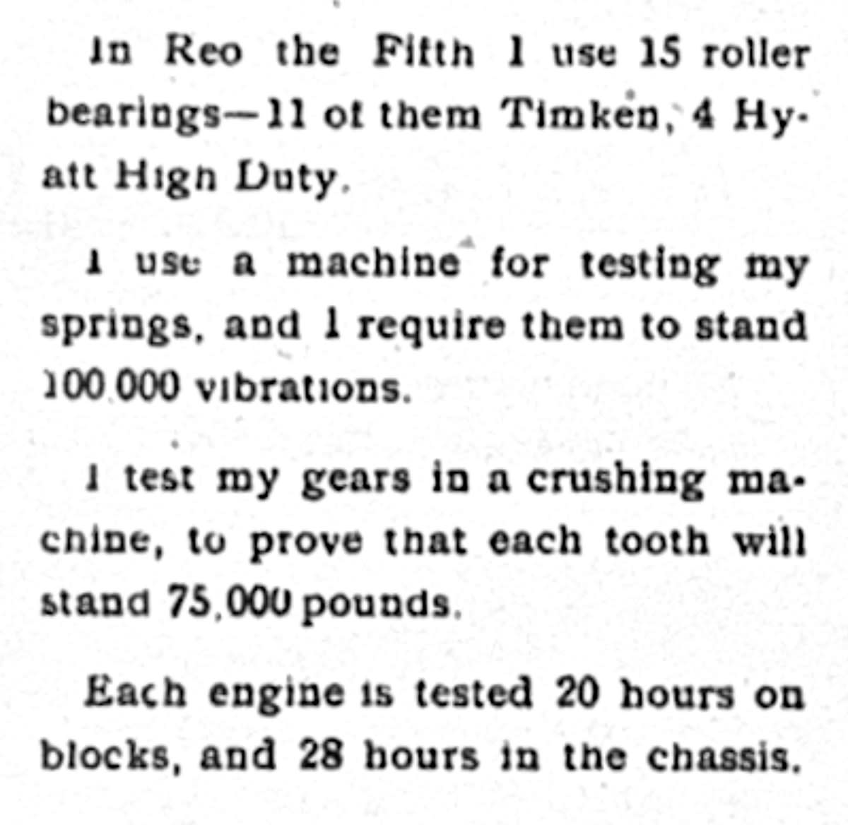 The Durability section of the Reo the Fifth ad, packed with precise numbers: specific counts of parts, exact measurements, and named component brands.