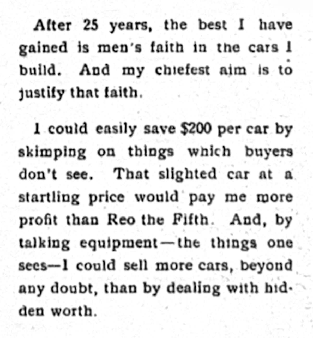The closing section of the Reo the Fifth ad, titled ’Men’s Faith In Me’, in which R.E. Olds stakes his 25-year reputation on the quality of the car.