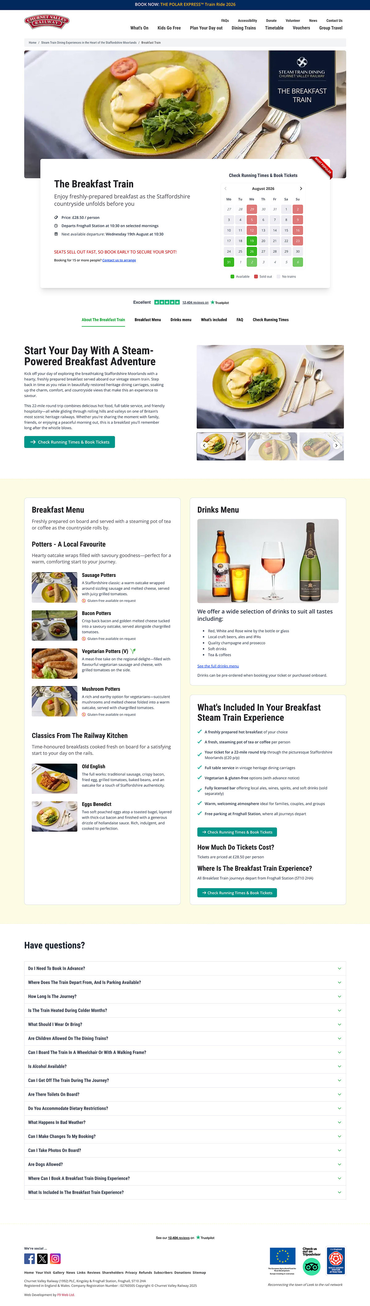 The redesigned Breakfast Train page, leading with a full-width hero photograph, an availability calendar and ‘Book Now’ panel above the fold, a Trustpilot rating, and illustrated breakfast and drinks menus alongside a ‘What’s included’ checklist.