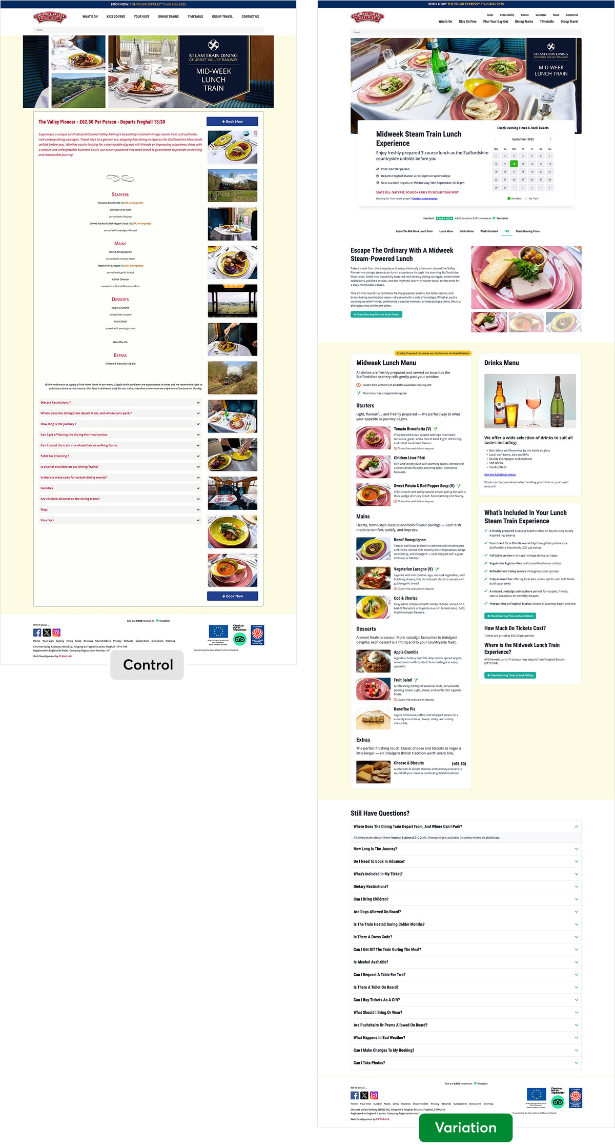 The original Midweek Lunch Train page, titled The Valley Pioneer, showing a centred text menu beside a long column of thumbnail photographs.