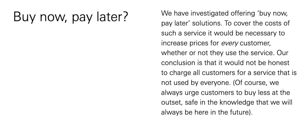 Close up of the buy now, pay later section on Vitsœ&rsquo;s Honest pricing page