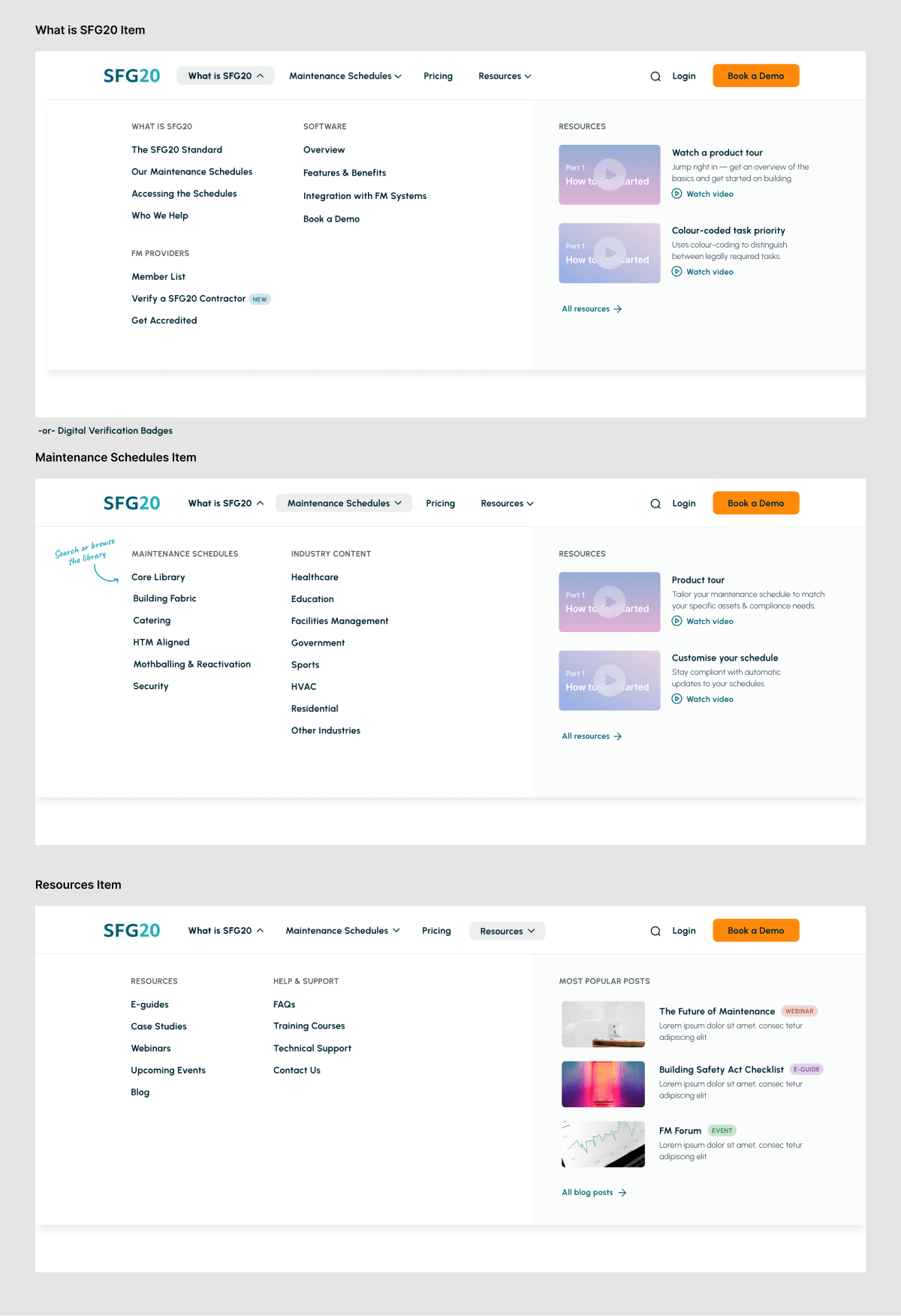 Three screenshots of the SFG20 website’s redesigned navigation menus shown in Figma. The top image shows the ‘What is SFG20’ dropdown with grouped links, the middle shows the ‘Maintenance Schedules’ dropdown with industry-specific categories, and the bottom shows the ‘Resources’ dropdown with links and featured content thumbnails.