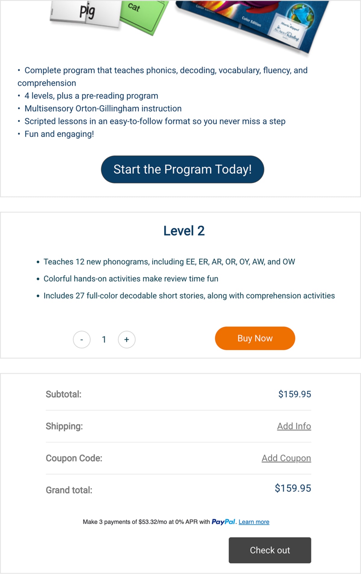 Control version of the All About Learning Press funnel showing high-commitment buttons like ‘Start the Program Today,’ ‘Buy Now,’ and ‘Check out’ at early stages.