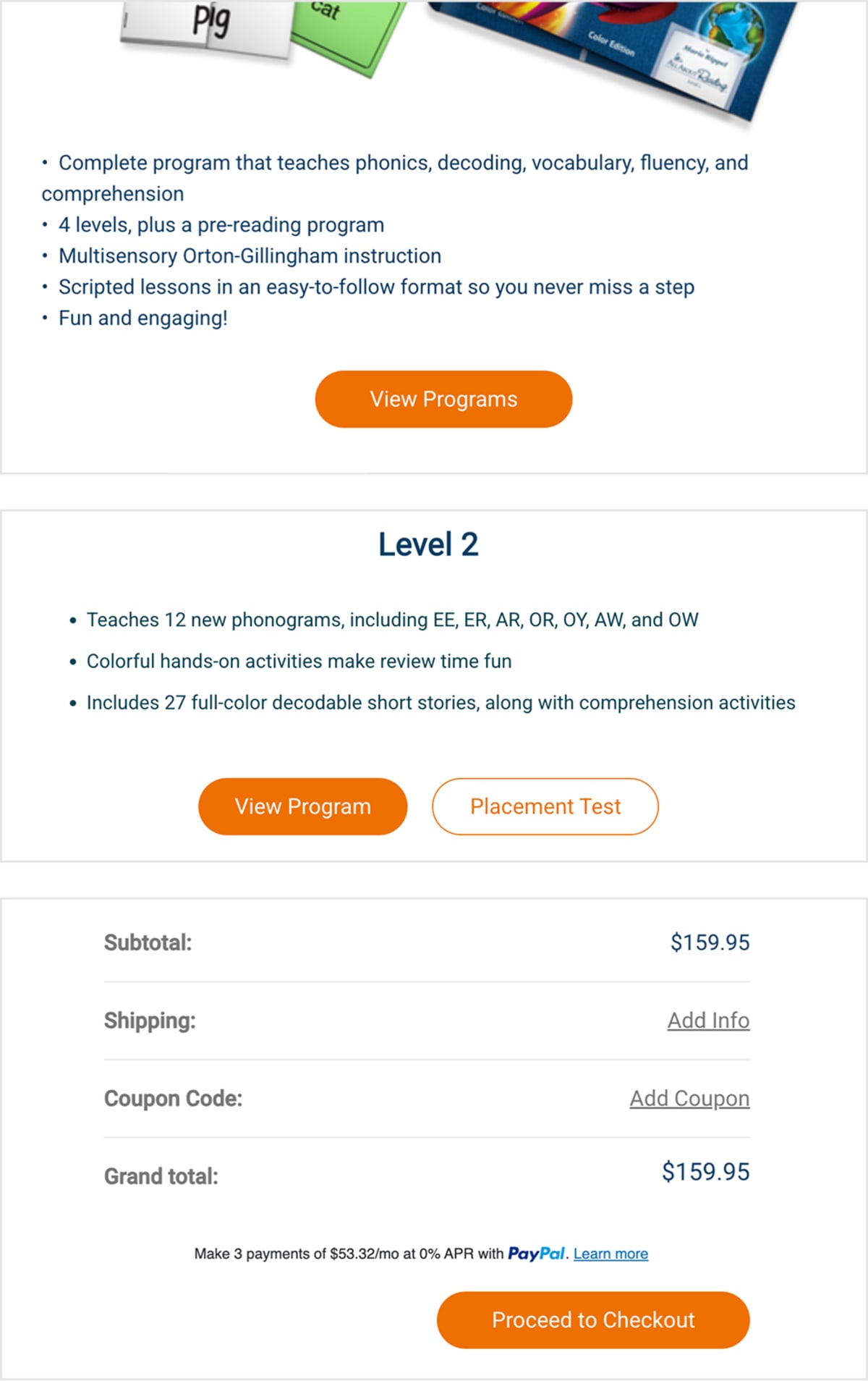Variation of the All About Learning Press funnel with lower-commitment CTAs such as ‘View Programs,’ ‘View Program,’ and ‘Proceed to Checkout,’ aligned to each step of the journey.