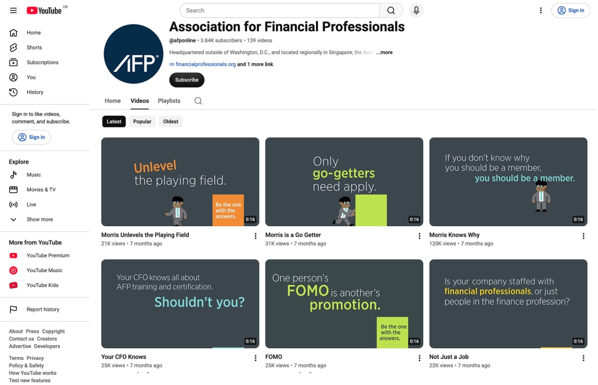 AFP’s Youtube video page showing different videos targeting different financial professional audiences