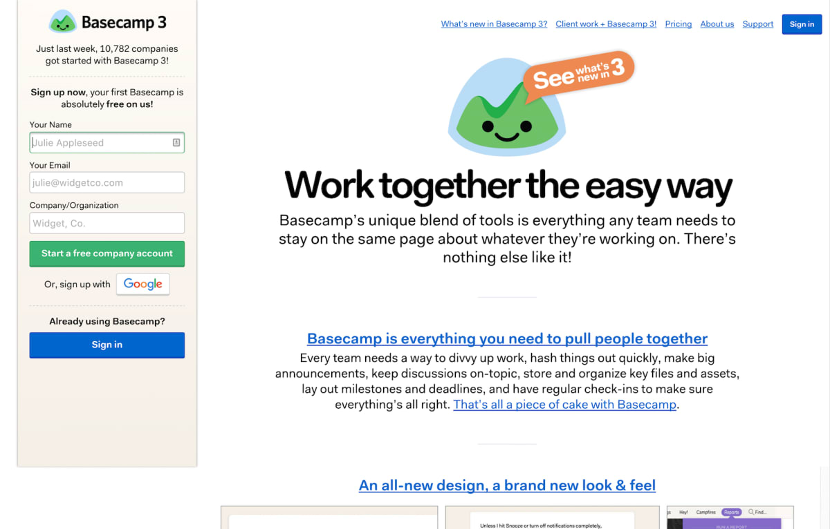 Basecamp’s homepage