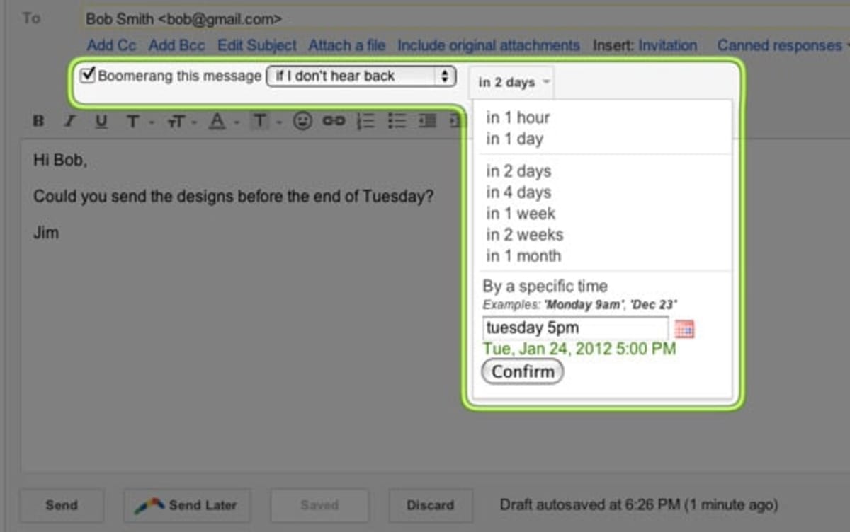 Boomerang interface for Gmail