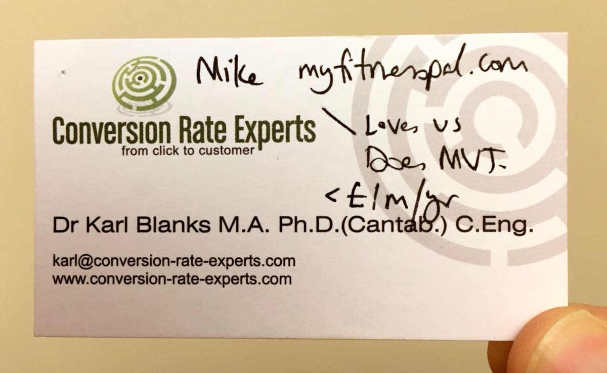 Business card with notes from Mike Lee, MyFitnessPal