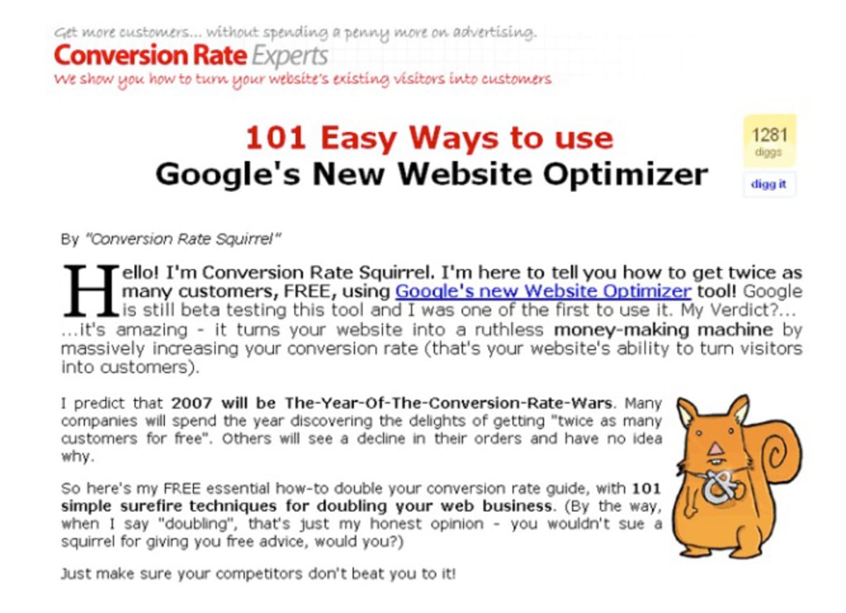 Screenshot of an early Conversion Rate Experts article titled &lsquo;101 Easy Ways to use Google&rsquo;s New Website Optimizer&rsquo; featuring the Conversion Rate Squirrel mascot, with 1281 Diggs shown in the corner.