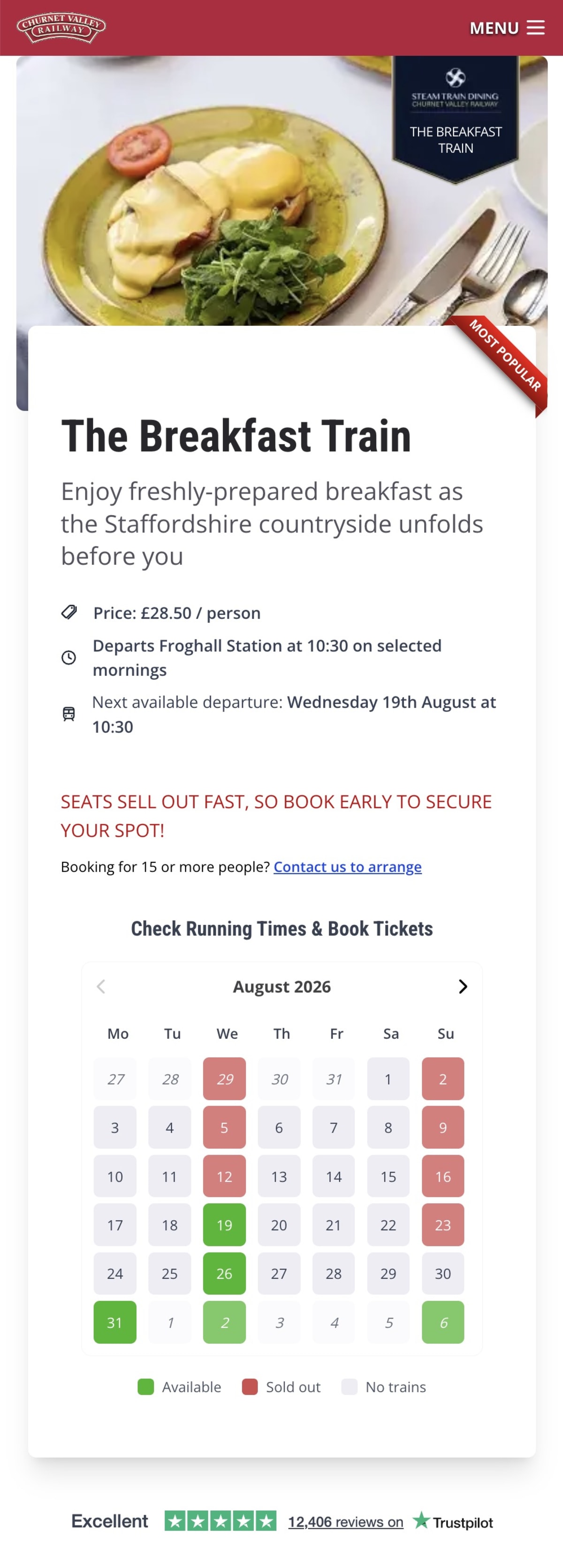 Mobile view of the redesigned Breakfast Train page, with a &lsquo;Most popular&rsquo; flash on the hero, the price, departure time and next available date stated up front, a &lsquo;Seats sell out fast&rsquo; line, and a booking calendar showing sold-out dates in red against available ones in green.
