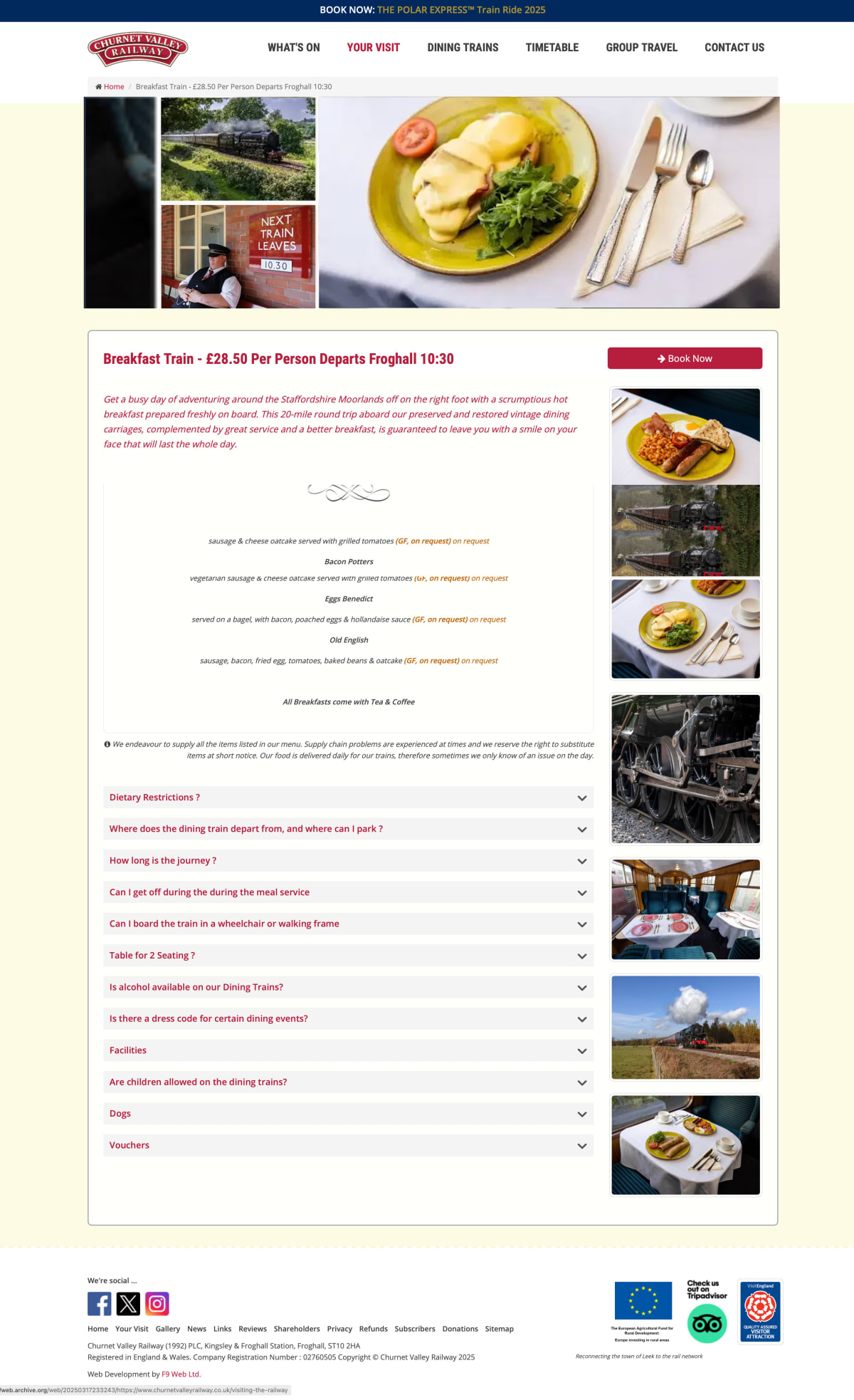 The original Churnet Valley Railway Breakfast Train page, with a small italic menu floating in white space, a column of unlabeled thumbnail photos down the right, twelve collapsed FAQ accordions, and a single &lsquo;Book Now&rsquo; button at the top.