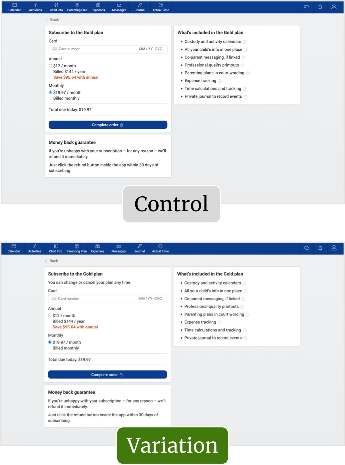 Side-by-side comparison of a control checkout page and a variation with added risk-reversal text under the subscription heading.