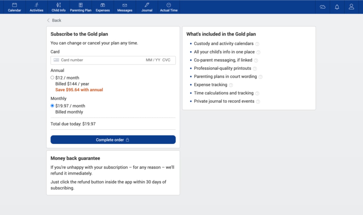 Screenshot of the variation checkout page, which now includes the words: ‘You can change or cancel your plan any time.'.