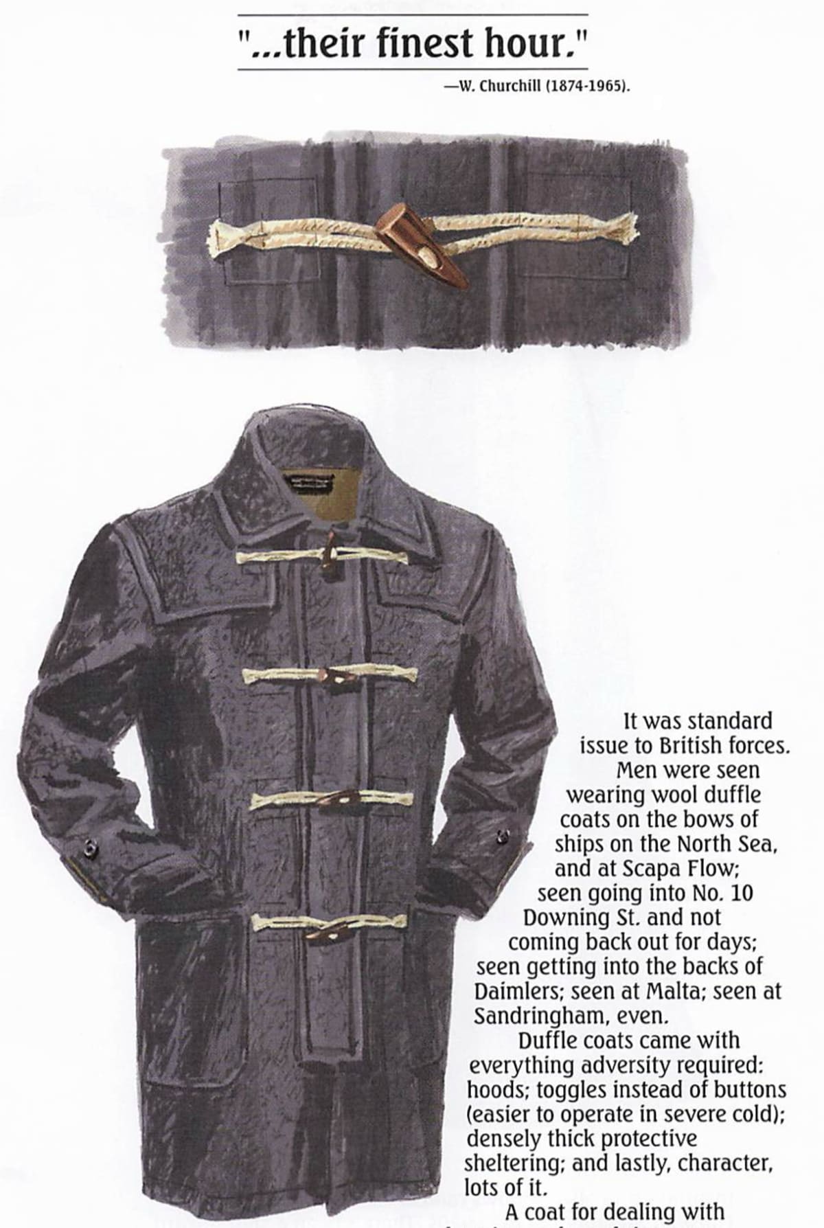 An illustration of a dark wool duffle coat with toggle fastenings, shown under the quote “…their finest hour” by Winston Churchill. The text describes the coat’s military heritage, durability, and history with British forces.