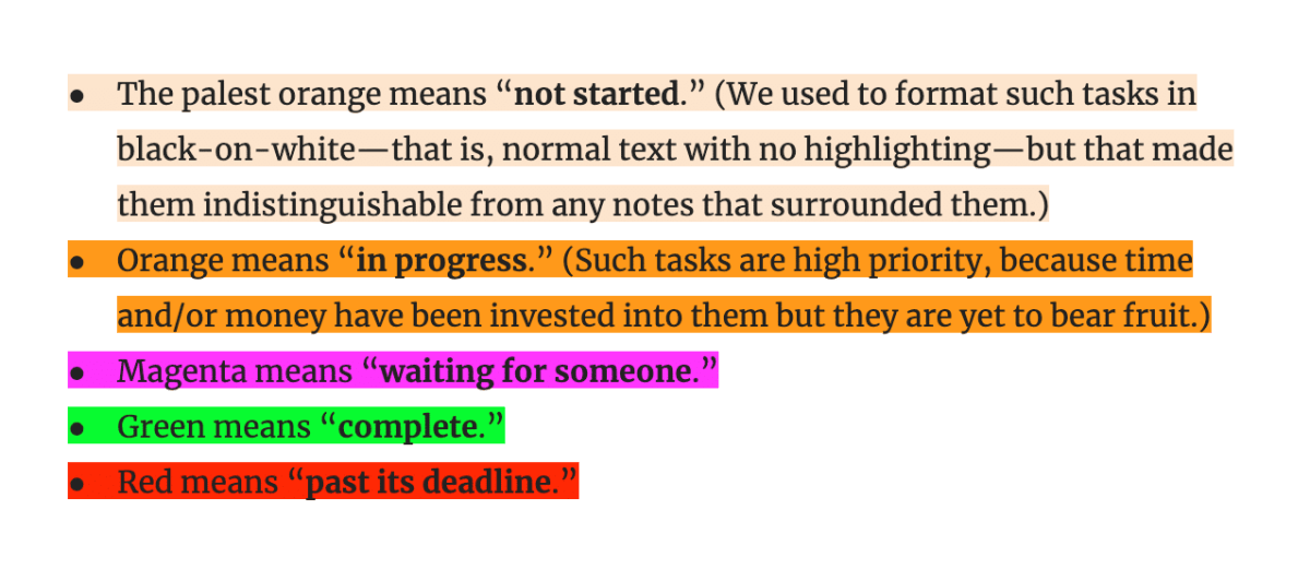 Screenshot of color coding of tasks in Google Docs
