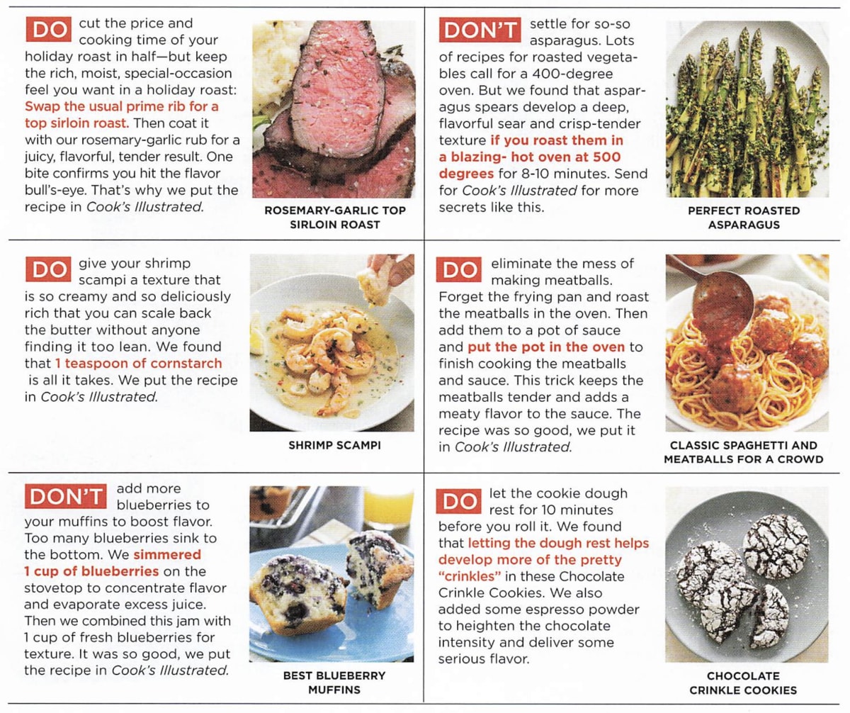 Cook’s Illustrated Do’s and Don’ts with images of a variety of food types