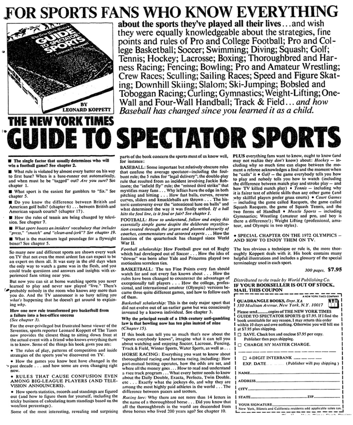 Vintage newspaper-style advertisement for The New York Times Guide to Spectator Sports by Leonard Koppett, featuring bold headlines, promotional text, a list of covered sports, and an order coupon at the bottom.